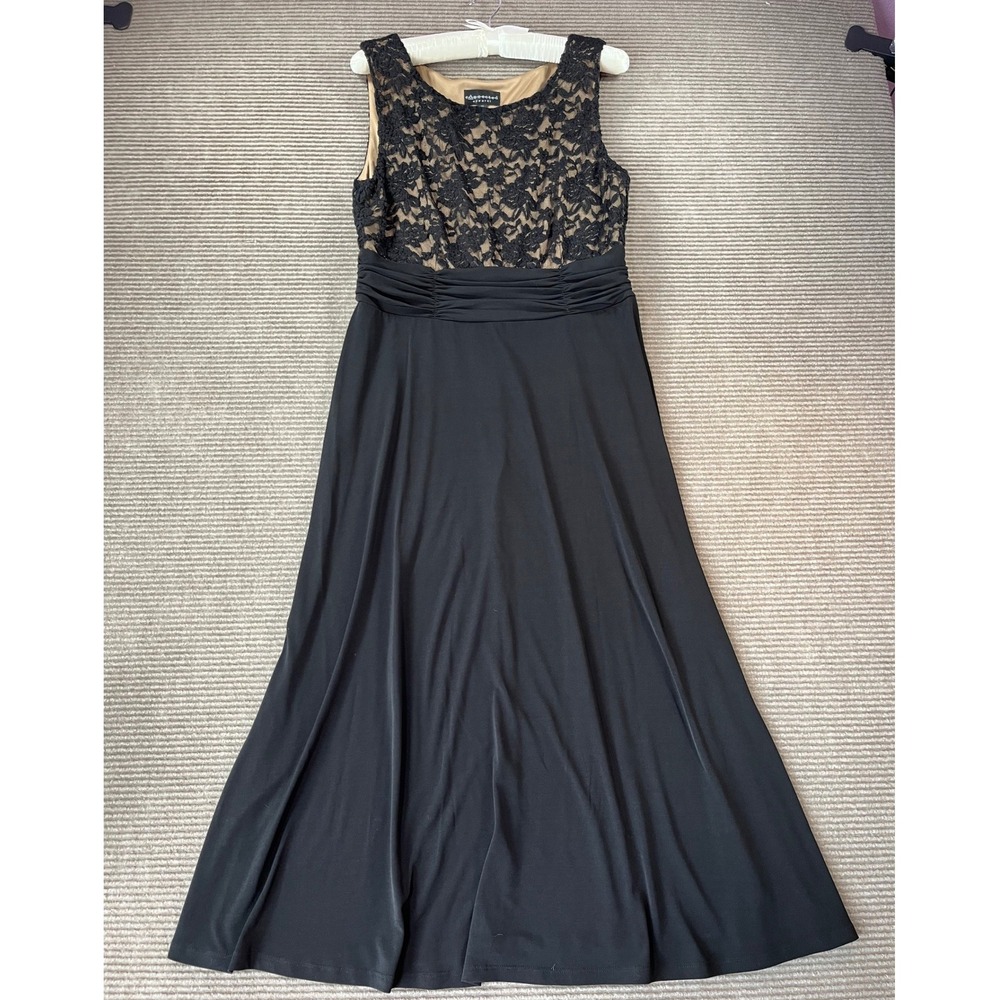 Connected Apparel Women Black Lace Nude Illusion Ruched Waist Maxi Gown Dress 10